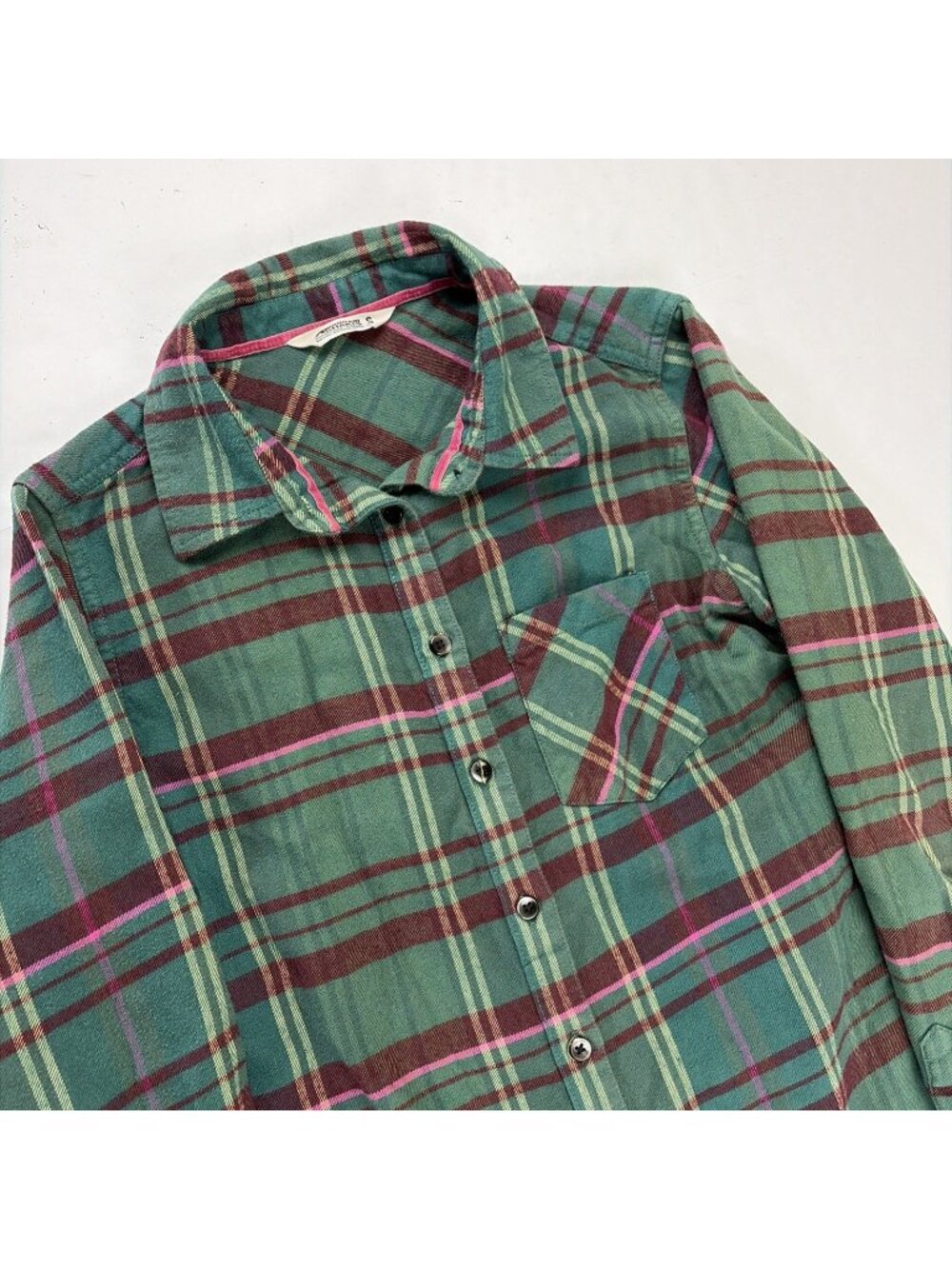 Mountain Khakis Penny Flannel Tunic Top Women’s S Plaid Green Pink Button Up